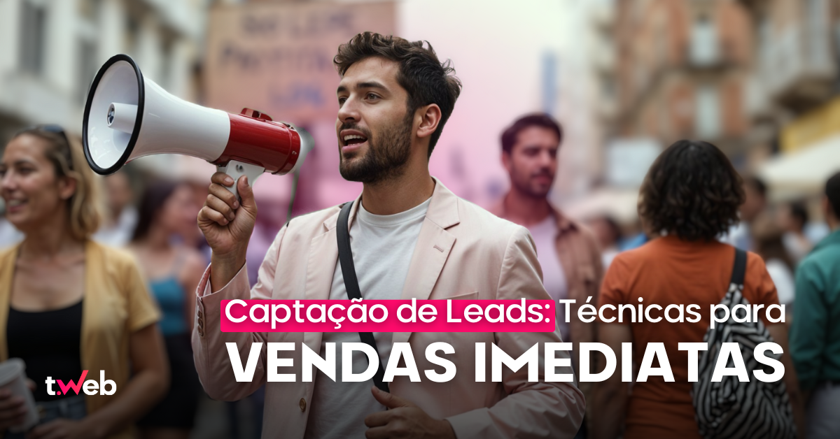 Homem segurando um megafone em meio a uma multidão, com o texto 'Captação de Leads: Técnicas para vendas imediatas' em destaque